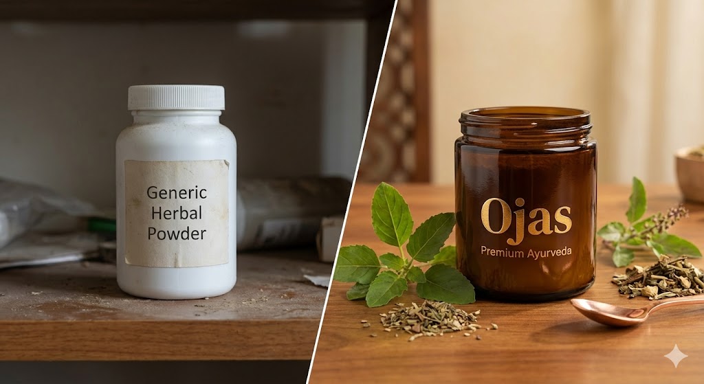 Selling Ayurveda Products Online: A Real Founder’s Guide 1 Side-by-side comparison of generic plastic ayurvedic packaging versus premium glass jar packaging to illustrate trust building in Indian e-commerce.
