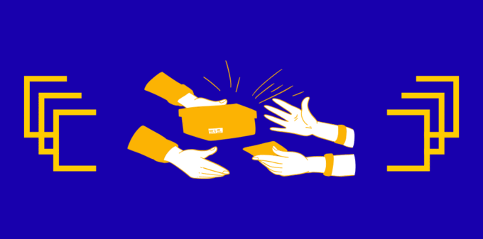 Small COD Deposits: How ₹50 Can Save ₹500 in RTO Losses Icon showing a hand delivering a package while another hand gives cash, symbolizing Cash on Delivery (COD) in e-commerce.