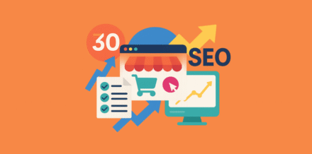 30-Point E-Commerce SEO Checklist for Founders: Boost Traffic & Sales Illustration of 30-point e-commerce SEO checklist with store icon, charts, and growth metrics