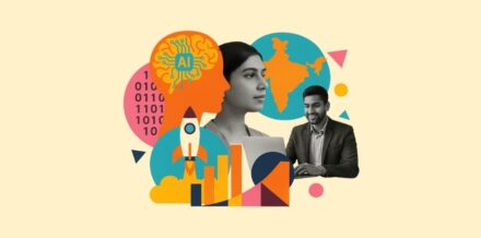 Is AI Creating Smarter Indian Startups—or Just Faster Copycats? Illustration of AI shaping Indian startups with entrepreneurs, rocket growth, and India map