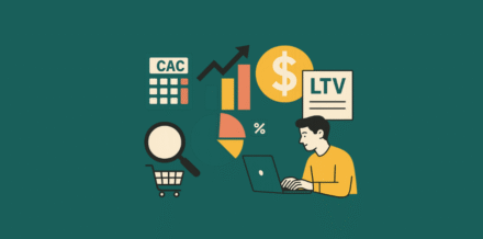 CAC & LTV Calculator: Free Tool for Startups and E-Commerce Founders Illustration of CAC and LTV calculator with charts, customer data, and founder analyzing metrics on laptop