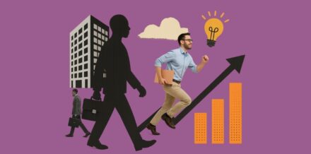 Corporate Exodus to Startups: Dream Move or Trap? Corporate exodus to startups visual showing professional leaving corporate office and running toward startup growth opportunities