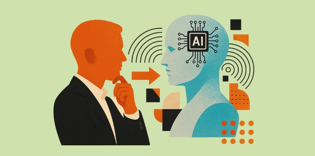 Will Generative AI Replace Founders Who Don’t Adapt? Illustration of a business founder facing an AI figure with a microchip, symbolizing the question will generative AI replace founders
