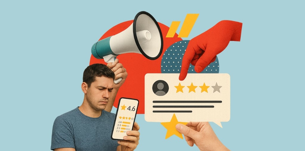 Why “Reviews” Are the New Manipulated Advertising Collage illustration of a man checking reviews on his phone with a megaphone and star rating icons, symbolizing how reviews are manipulated advertising