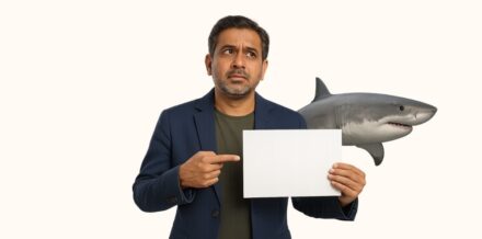Startup founder holding a paper copycat symbol with a shark image behind, representing Shark Tank India effect.