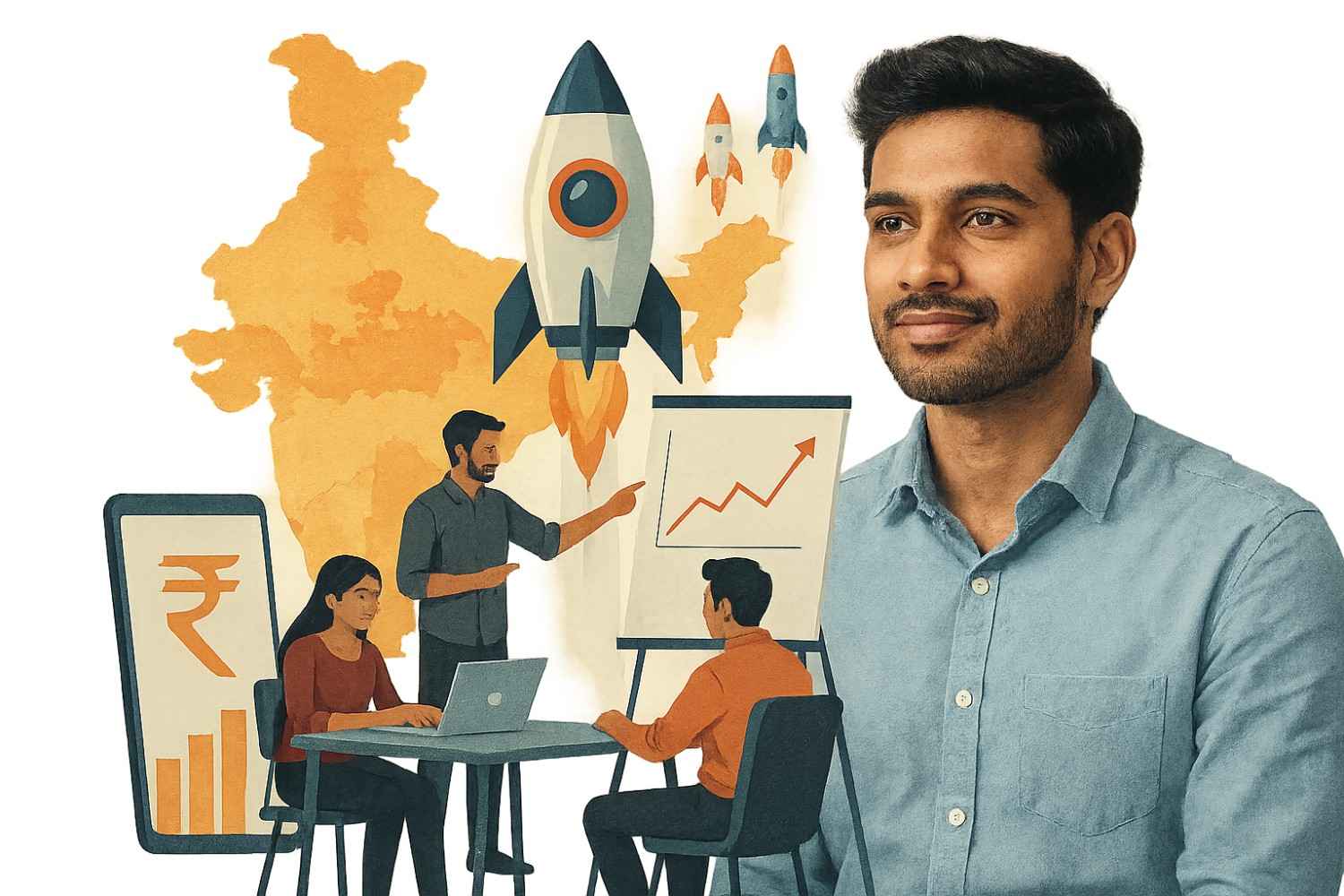 Collage of an Indian founder looking left — Webverbal Startup Readiness visual