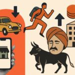 India’s Digital Consumers in the Age of Reasoning Machines Modern Bharat-style digital collage depicting Indian entrepreneurship with symbolic elements — a running founder, a bull, a smartphone store icon, and rural-industrial motifs.