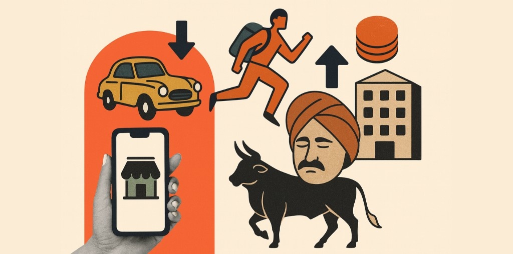 The Hard Lessons Behind India’s 20 Startup Collapses — What Founders Must Learn Before Scaling Too Soon Modern Bharat-style digital collage depicting Indian entrepreneurship with symbolic elements — a running founder, a bull, a smartphone store icon, and rural-industrial motifs.