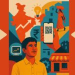 India’s Logistics & Supply Chain Tech Revolution 2025-2030 Creative collage illustration symbolizing Bharat’s grassroots startup ecosystem, featuring an Indian entrepreneur surrounded by icons of digital payments, agriculture, small businesses, and innovation.