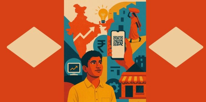 Bharat Startups 2025: The Complete Guide to India’s Grassroots Entrepreneurship Movement Creative collage illustration symbolizing Bharat’s grassroots startup ecosystem, featuring an Indian entrepreneur surrounded by icons of digital payments, agriculture, small businesses, and innovation.