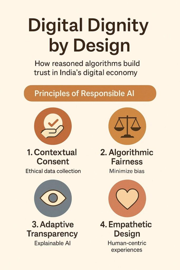 Infographic summarizing Chapter 4 of The Bharat Intelligence Series, titled ‘The New Psychology of Digital Trust’. The design features a central circular ‘Digital Trust Core’ surrounded by layers representing Transparency, Empathy, Fairness, and Familiarity. On the left, a vertical gradient shows the evolution of trust from Emotional to Transactional to Evident Trust. On the right, icons highlight Micro-Trust Networks, Vernacular Trust, and Data Dignity — all rendered in warm Bharat minimalist tones of ivory, terracotta, and teal.