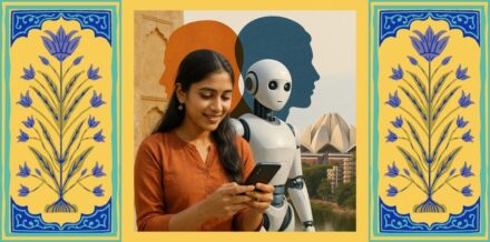 India’s Digital Consumers in the Age of Reasoning Machines Realistic Bharat-centric collage representing India’s Digital Consumers in the Age of Reasoning Machines, showing an Indian woman using a smartphone beside a humanoid AI robot with Indian cultural architecture and abstract silhouettes, symbolizing the fusion of tradition and reasoning technology in India’s AI era.