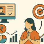 India’s Digital Consumers in the Age of Reasoning Machines Creative modern collage showing an Indian woman symbolizing D2C brand growth with marketing icons like charts, target, and rupee sign in a flat design style.
