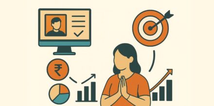 How to Create a Customer Acquisition Strategy for Your D2C Brand Creative modern collage showing an Indian woman symbolizing D2C brand growth with marketing icons like charts, target, and rupee sign in a flat design style.