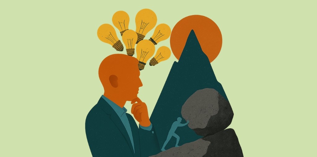 Why Great Entrepreneurs Don’t Chase Easy Wins — They Say Yes to Hard Problems Collage illustration of a determined entrepreneur facing steep challenges, symbolizing saying yes to hard problems instead of easy wins