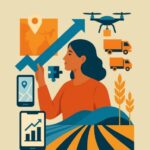 A modern collage-style digital illustration symbolizing Bharat’s startup transformation — a woman reaching toward progress amid icons of technology, logistics, agriculture, and innovation.