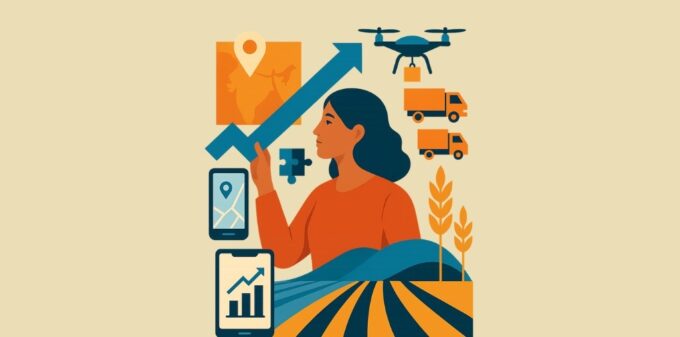 The Founder’s Formula: 27 Elegant Equations That Simplify the Hardest Startup Problems A modern collage-style digital illustration symbolizing Bharat’s startup transformation — a woman reaching toward progress amid icons of technology, logistics, agriculture, and innovation.