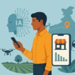 The Bamboo Code: Why True Growth Demands Invisible Seasons A digital collage showing a young Indian entrepreneur using a smartphone, symbolizing AI-driven rural innovation with maps, logistics icons, drones, and agricultural fields in the background.