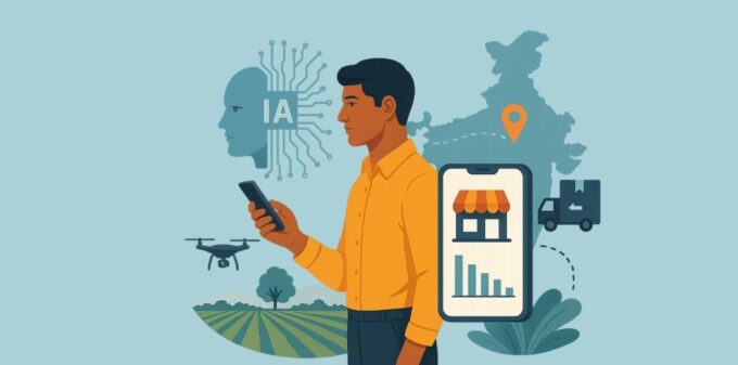 How AI Will Reshape Rural Entrepreneurship: The Next Frontier of Bharat’s Digital Economy A digital collage showing a young Indian entrepreneur using a smartphone, symbolizing AI-driven rural innovation with maps, logistics icons, drones, and agricultural fields in the background.