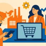 Quick Commerce India 2025: Zepto, Blinkit & BigBasket’s Race Into Tier-3 Bharat Modern digital collage showing India’s B2B e-commerce growth with industrial elements, technology devices, and business professionals symbolizing a $200 billion opportunity by 2030.