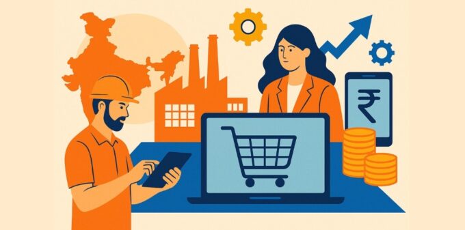 India’s B2B E-commerce Transformation 2025-2030: The $200 Billion Opportunity Modern digital collage showing India’s B2B e-commerce growth with industrial elements, technology devices, and business professionals symbolizing a $200 billion opportunity by 2030.