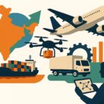 Modern collage illustrating India’s logistics and supply chain technology revolution featuring cargo ship, airplane, delivery truck, drone, and digital connectivity