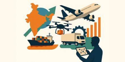 India’s Logistics & Supply Chain Tech Revolution 2025-2030 Modern collage illustrating India’s logistics and supply chain technology revolution featuring cargo ship, airplane, delivery truck, drone, and digital connectivity
