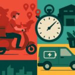 India’s B2B E-commerce Transformation 2025-2030: The $200 Billion Opportunity Illustration of India’s quick commerce 2025 ecosystem showing delivery rider, electric van, dark store, stopwatch, and map of Tier-3 Bharat.