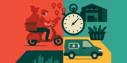 Quick Commerce India 2025: Zepto, Blinkit & BigBasket’s Race Into Tier-3 Bharat Illustration of India’s quick commerce 2025 ecosystem showing delivery rider, electric van, dark store, stopwatch, and map of Tier-3 Bharat.