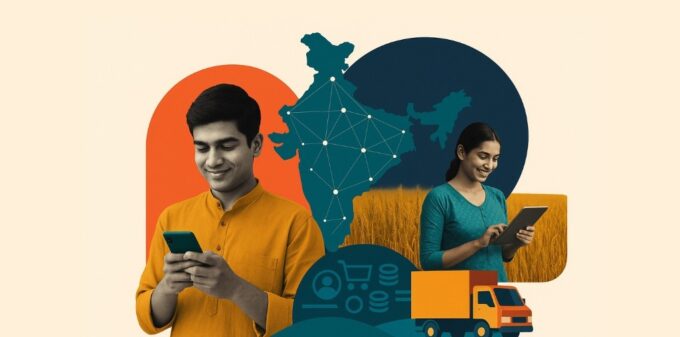 Modern collage-style illustration depicting rural e-commerce growth in India, featuring young people using smartphones and digital technology connected across a map of India.