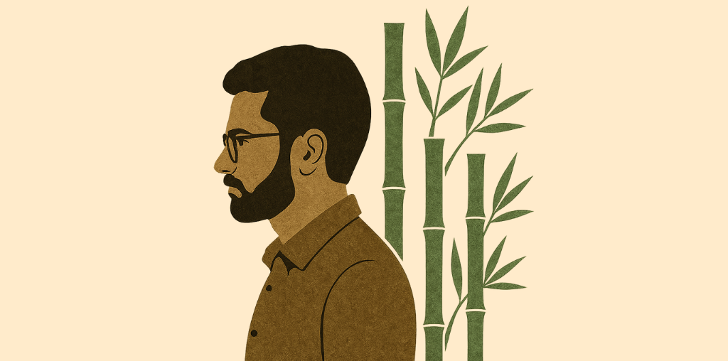 The Bamboo Code: Why True Growth Demands Invisible Seasons Minimal Bharat-style digital collage of a thoughtful founder silhouette beside bamboo stalks, symbolizing patience, clarity, and hidden growth.