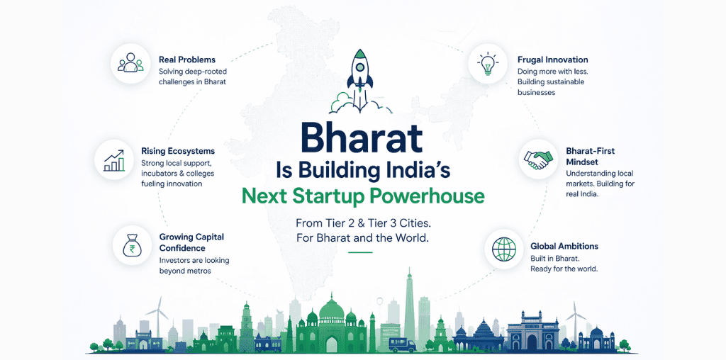 Infographic showing Bharat as the next startup powerhouse with key drivers like frugal innovation, rising ecosystems, growing capital, and global ambitions in Tier 2 and Tier 3 cities in India