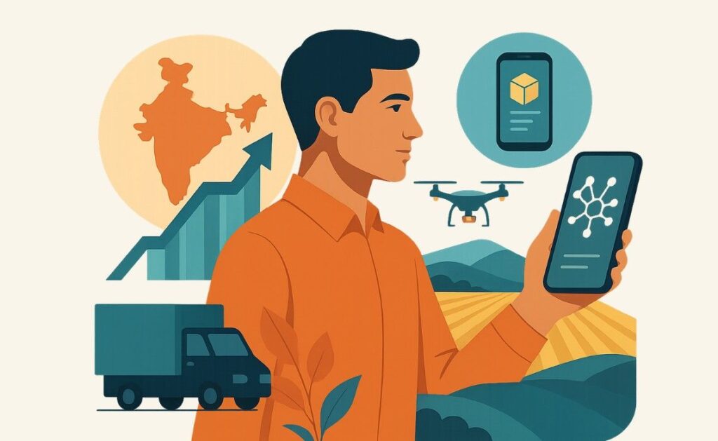 Modern collage-style digital illustration of an Indian founder using a smartphone, surrounded by tech and agriculture symbols like drones, logistics icons, and maps — representing Bharat’s startup growth and AI-driven transformation.