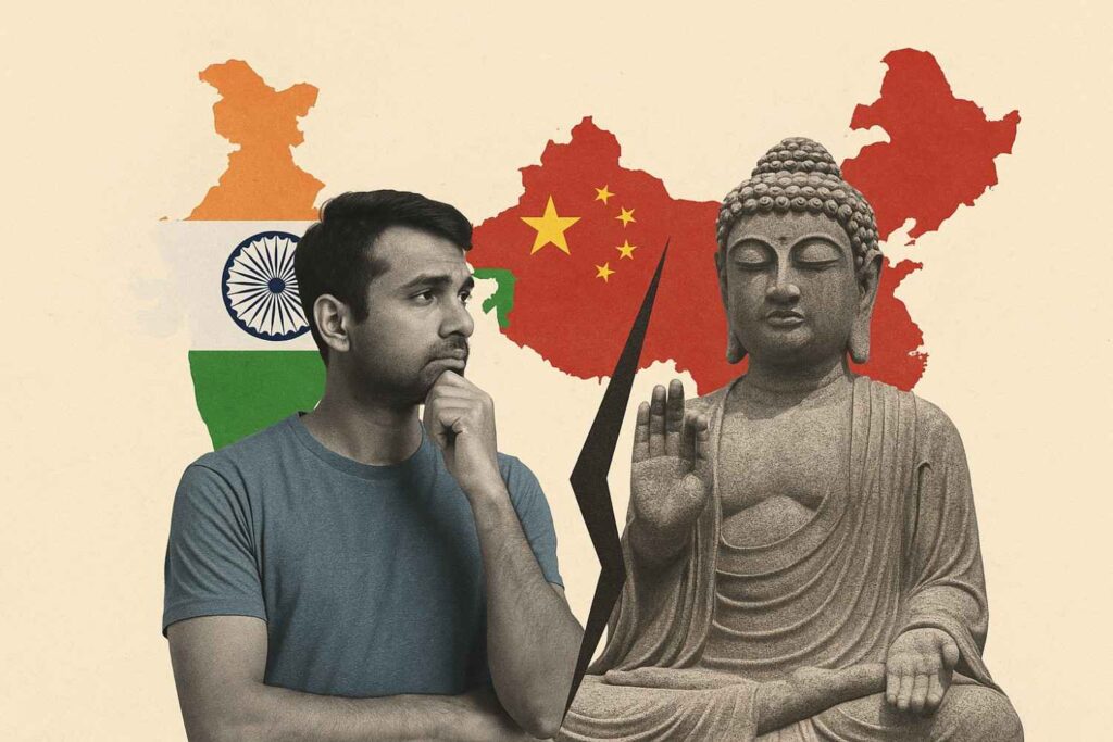 Modern philosophical collage showing an Indian founder and Buddha statue symbolizing India-China innovation contrast