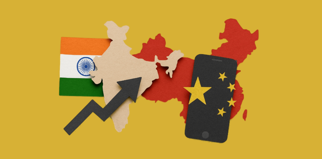 India vs China Tech Comparison: Why Bharat’s Founders Must Stop Copying China’s Playbook Modern collage of India and China maps with flags symbolizing tech comparison and Bharat startup growth