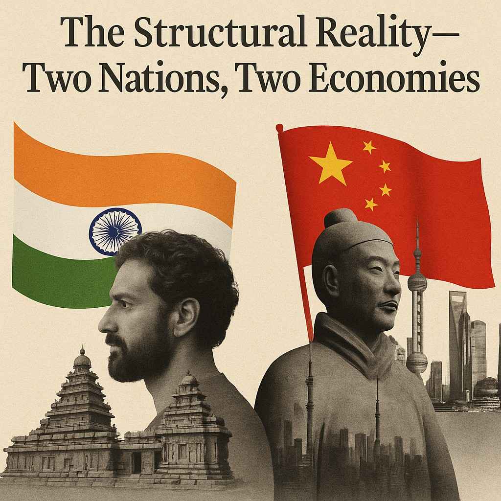 Philosophical collage showing India and China with flags, founders, temples, and skylines symbolizing two economies