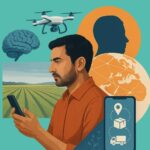 Ethical Innovation — AI for Inclusion, Not Just Efficiency Modern collage-style digital illustration of an Indian founder using a smartphone, surrounded by symbols of AI, logistics, agriculture, and connectivity — representing Bharat’s startup transformation and the balance between human intelligence and artificial intelligence.