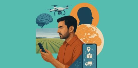 The Founder’s Dilemma: Building With or Without AI Modern collage-style digital illustration of an Indian founder using a smartphone, surrounded by symbols of AI, logistics, agriculture, and connectivity — representing Bharat’s startup transformation and the balance between human intelligence and artificial intelligence.