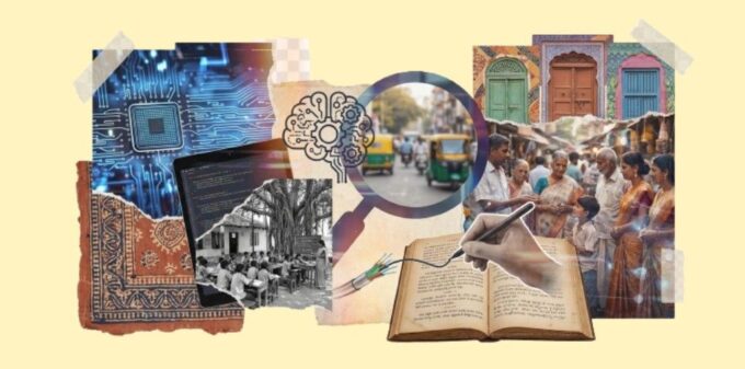 AI Literacy in India: It’s Not About Tech, It’s About ‘Samajh’ (Context) A modern collage graphic on a transparent background featuring a split visual: digital circuit boards and neural networks merging with warm-toned images of rural Indian life, artisans, and traditional architecture, symbolizing the need for cultural context in AI adoption.