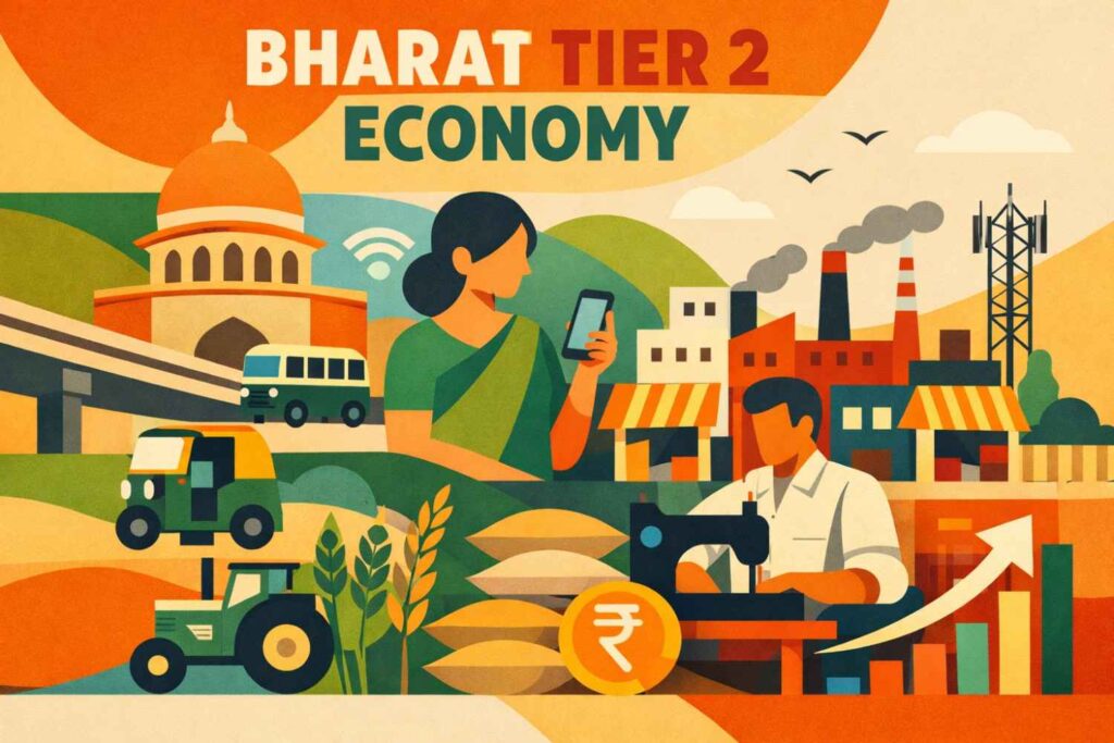 Illustration representing Bharat economy and Tier-2 India growth through agriculture, manufacturing, digital connectivity, and local entrepreneurship

