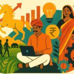 The Education Rebellion: How PhysicsWallah Silenced the Giants (2016–2025) Illustration representing Bharat economy and Tier-2 India growth with rural entrepreneurship, digital tools, education, and financial progress