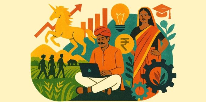 Illustration representing Bharat economy and Tier-2 India growth with rural entrepreneurship, digital tools, education, and financial progress