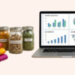 Laptop displaying export analytics next to Indian handloom fabric and ayurvedic herbs, representing the modern D2C artisan economy
