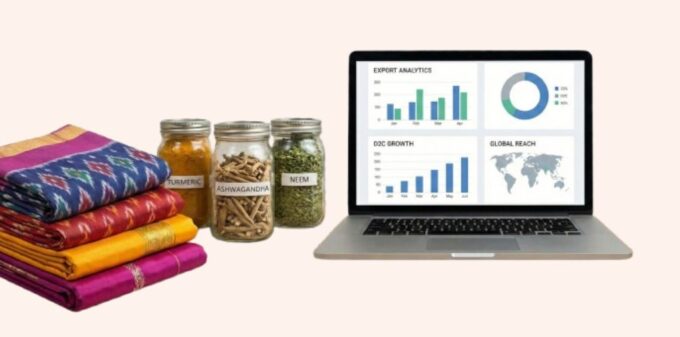 D2C Export Trends 2025: Why Ayurveda and Handloom are India’s Next Billion-Dollar Opportunities Laptop displaying export analytics next to Indian handloom fabric and ayurvedic herbs, representing the modern D2C artisan economy