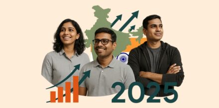 Startup Grants India 2025: Which State Gives Max ‘Free Money’? (₹22 Lakhs+) Three Indian startup founders standing in front of a map of India with upward growth arrows, illustrating the Startup Grants India 2025 report.