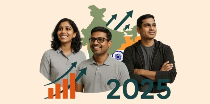 Startup Grants India 2025: Which State Gives Max ‘Free Money’? (₹22 Lakhs+) Three Indian startup founders standing in front of a map of India with upward growth arrows, illustrating the Startup Grants India 2025 report.