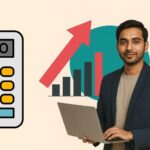 Startup Grants India 2025: Which State Gives Max ‘Free Money’? (₹22 Lakhs+) Indian startup founder with a laptop standing next to a large calculator and rocket graphic, illustrating the Startup Runway Calculator for 2025.