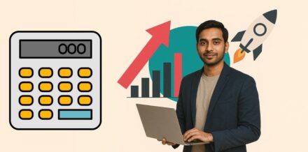 Startup Runway Calculator 2025: Why a ₹10 Lakh Seed Fund Lasts 14 Months in Bhubaneswar vs 5 Months in Bangalore Indian startup founder with a laptop standing next to a large calculator and rocket graphic, illustrating the Startup Runway Calculator for 2025.