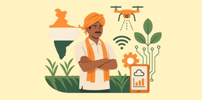 Illustration of an Indian farmer with agri drone, digital farming icons and India map representing agritech and smart agriculture funding in India.