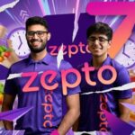 Modern abstract collage featuring Zepto founders Aadit Palicha and Kaivalya Vohra against a dynamic violet and magenta background, representing the speed of 10-minute delivery and the dark store revolution.